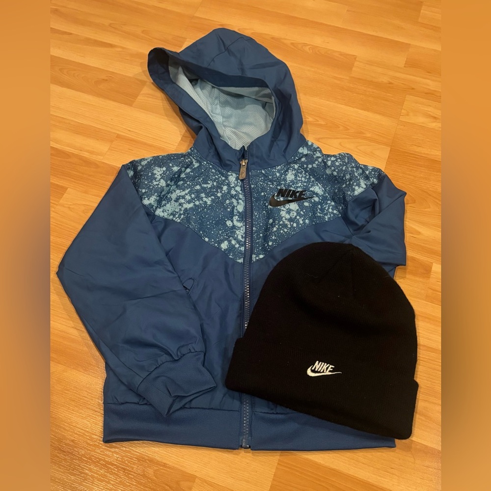 Nike Kids Splatter Design Blue Spring/Fall Jacket and Black Beanie